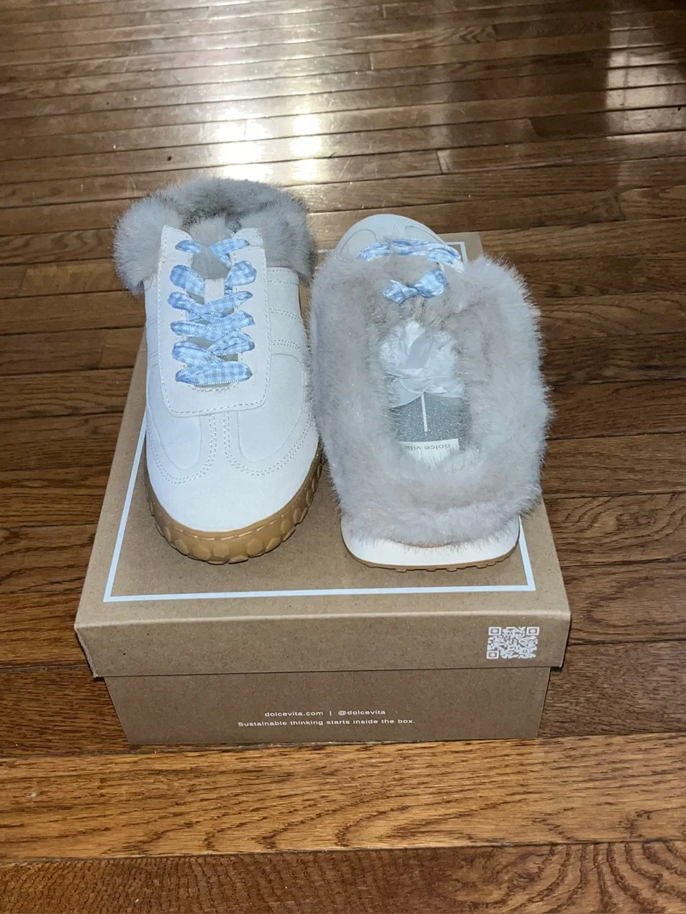 Dolce Vita Izzey Faux Fur Sneaker Mule Blue Accents & Taupe Suede Women’s 8.5